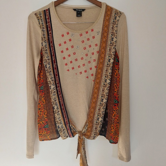 Desigual Tie Front Bejewelled Top Fall Colors! Med - Picture 1 of 6